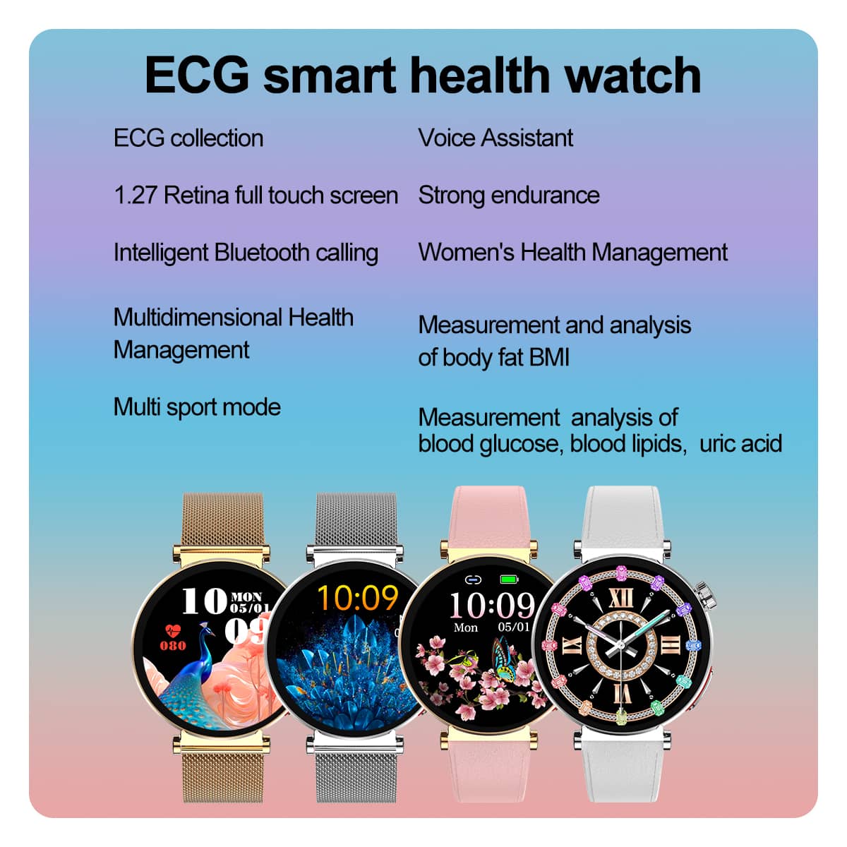 Akeleo Fashion ECG+PPG Body Fat(BMI) Blood Glucose Blood Pressure Monitoring Smart Health Women's Watch